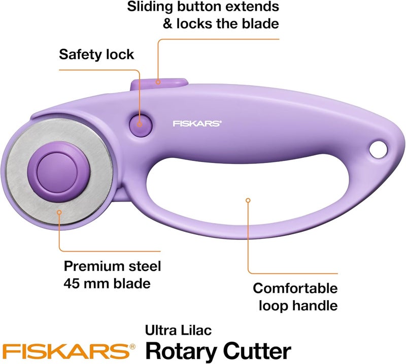 Fiskars قاطع دوار حلقي، مجموعة استكشاف ألترا ليلك، شفرة فولاذية مصقولة بدقة للأقمشة، اللباد والفينيل، 45 مم - Image 3